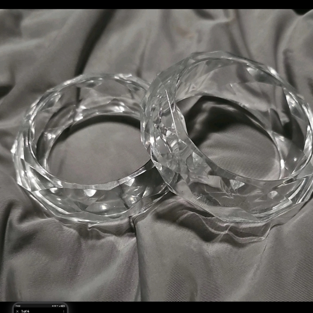 2 Vintage MCM Chunky Bangle Bracelet Set Plastic Clear Cut Crystal Design